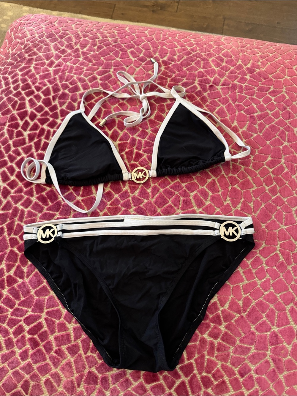 Michael Kors Black and White Triangle Bikini with Gold MK Accents